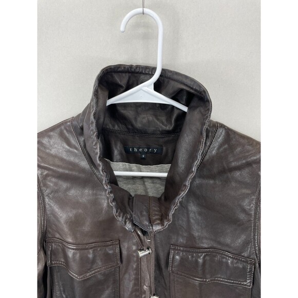 Theory Women's Brown Leather Drawstring Jacket Coat Size Small Full Zip - Picture 3 of 13